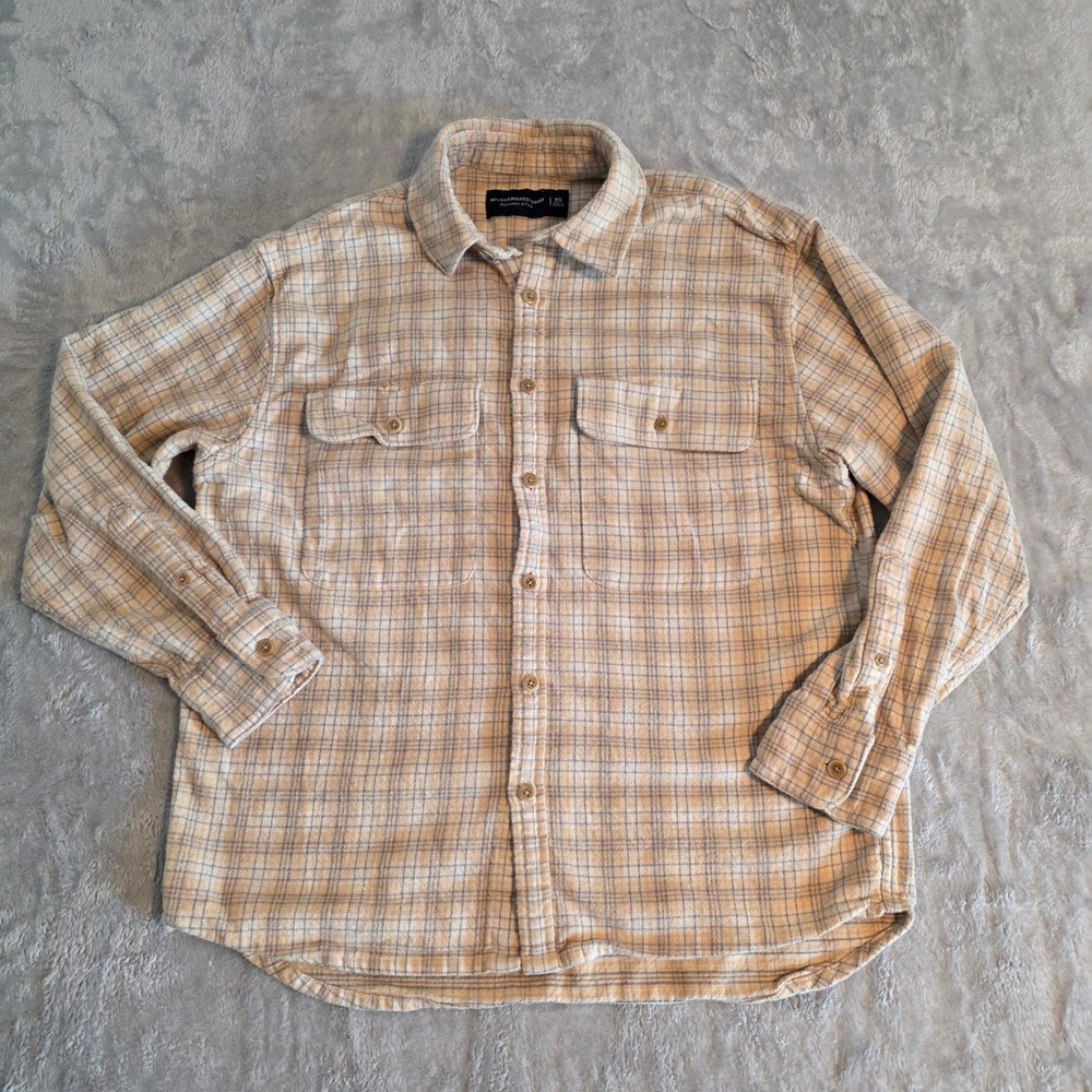 Abercrombie & Fitch XS 90s Oversized Shirt Tan Blue Plaid Flannel Cotton